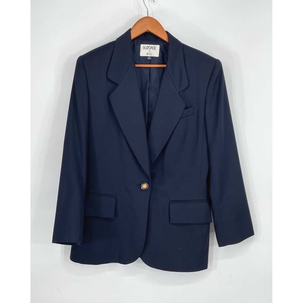 Kasper for ASL Womens Blazer 12 Jacket Navy Blue Single Button Lined Preppy